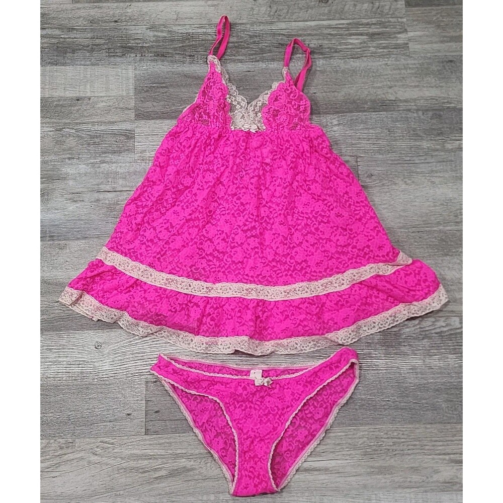 Victoria's Secret Women's Lace Sexy Babydoll Slip Hot Pink Beige Sizes Small